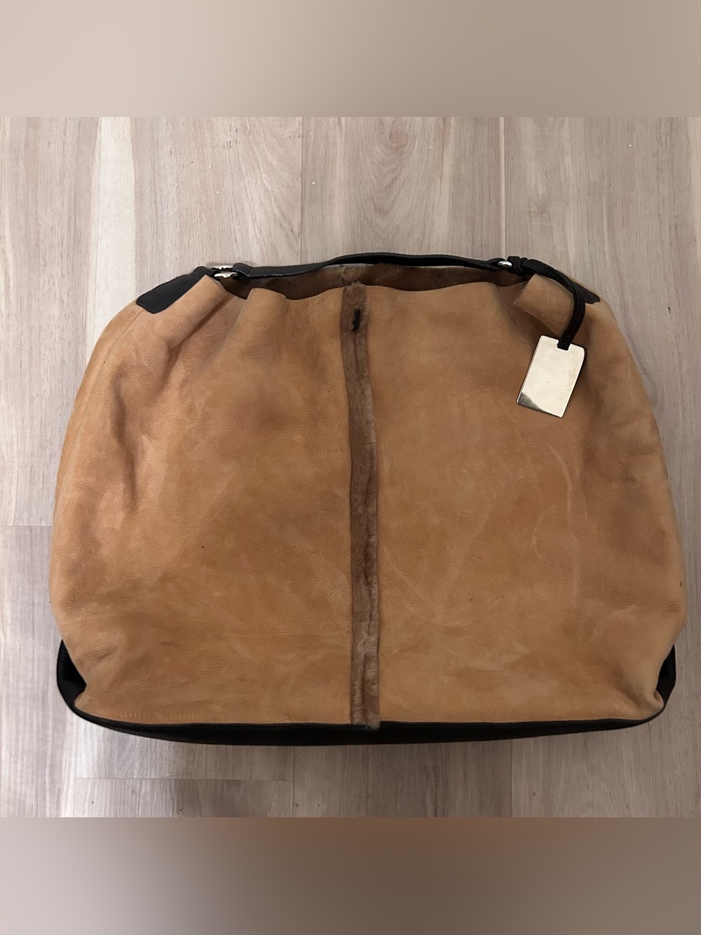 Furla Suede Hobo Bag Purse Large Brown Leather Fur Lined Y2K LUXURY